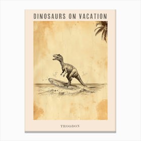 Vintage Troodon Dinosaur On A Surf Board 1 Poster Canvas Print
