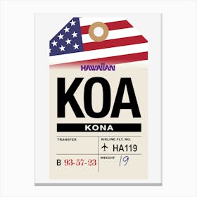 Kona (KOA) Hawaii, USA Vintage Airline Luggage Tag Canvas Print