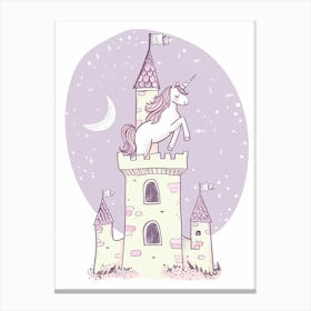 Unicorn In A Castle Lilac Pastel Doodle Canvas Print