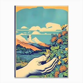 hand and flowers in landscape background Canvas Print