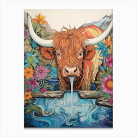 Floral Colourful Illustration Of Highland Cow Drinking Out Of Trough 1 Canvas Print