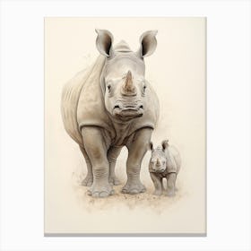 Rhino & Baby Rhino Detailed Illustration 3 Canvas Print