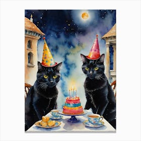 Watercolor Black Cat Friends Having a Birthday Party and Tea on a Full Moon Canvas Print