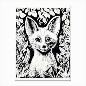 Fox In The Forest Linocut White Illustration 21 Canvas Print