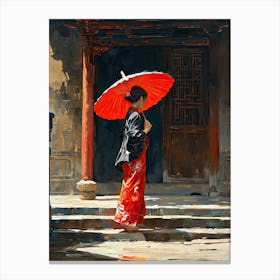 Asian Woman With Red Umbrella Canvas Print