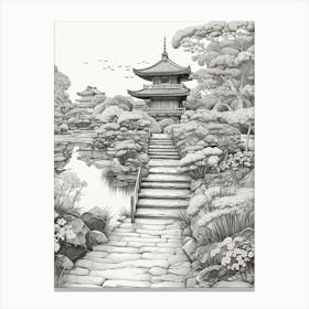 Ritsurin Garden In Kagawa, Ukiyo E Black And White Line Art Drawing 2 Canvas Print