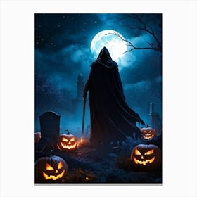 Sinister Reaper Silhouetted Against A Full Moon On Halloween Night Draped In A Tattered Black Cloak 2 1 Canvas Print