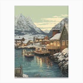 Vintage Winter Illustration Lofoten Islands Norway 3 Canvas Print
