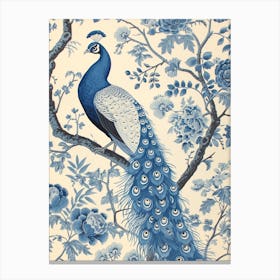 Cream & Blue Peacock On A Branch Wallpaper Canvas Print