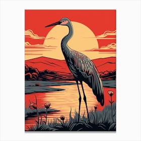 Vintage Bird Linocut Crane 1 Canvas Print