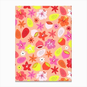 Bright and Warm Tropical Fruits and Flowers - Pink Red Orange Yellow Canvas Print