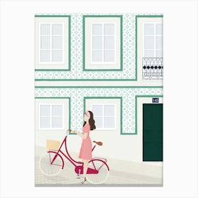 Illustration Of A Woman With A Bicycle in Lisbon Canvas Print