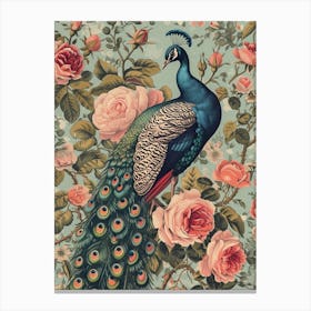 Floral Pink Roses Peacock 1 Canvas Print