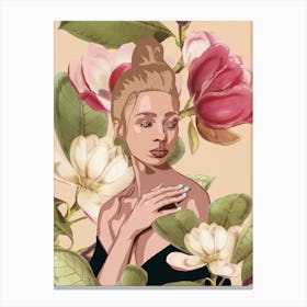 Woman With Magnolia Flowers Canvas Print