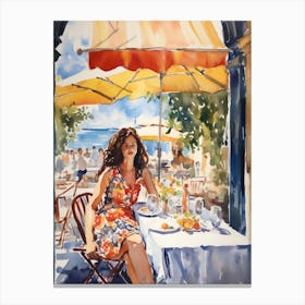 At A Cafe In Saint Tropez France Watercolour Canvas Print