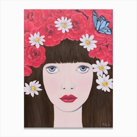 Woman And Red Flowers On Hair Canvas Print