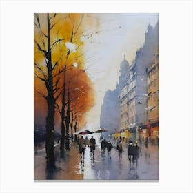 Acquerello urban paesaggio, with great contrasts of warm and freddi colors, Autumn, con grandi contrasti di colori caldi e freddi, Rainy Day Canvas Print