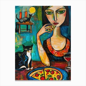 Portrait Of A Woman With Cats Eating Pizza 1 Canvas Print