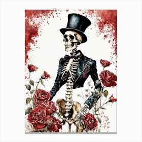 Floral Skeleton With Hat Ink Painting (19) Canvas Print