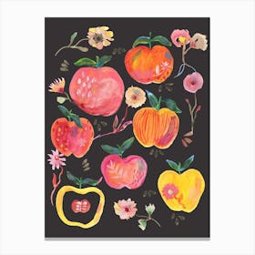Apples And Florals Black Canvas Print