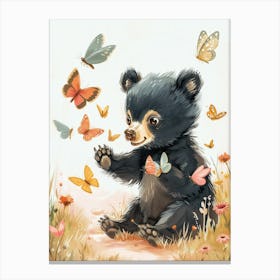 American Black Bear Cub Playing With Butterflies Storybook Illustration 3 Canvas Print