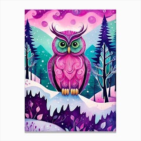Pink Owl Snowy Landscape Painting (154) Canvas Print