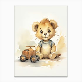 Playing With Toy Car Watercolour Lion Art Painting 1 Canvas Print