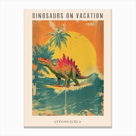 Vintage Stegosaurus Dinosaur On A Surf Board 1 Poster Canvas Print
