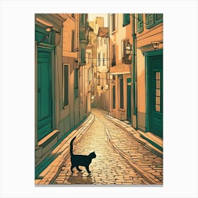 Black Cat Walking On Cobbles Streets Canvas Print