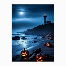 Jack O Lanterns Emanating Ethereal Glow Arrayed On A Shadowy Beach Misty Coastal Backdrop Myster (3) Canvas Print