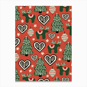 Scandinavian Ornate Folk Art Reindeer, Hearts, Ornaments, and Christmas Trees Canvas Print