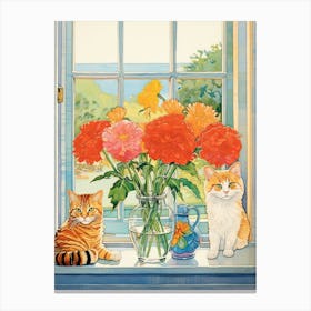 Cat With Zinnia Flowers Watercolor Mothers Day Valentines 3 Canvas Print