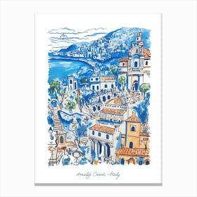 Amalfi Coast Italy Illustration Line Art Travel Blue Canvas Print