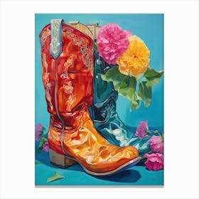 Oil Painting Of Colourful Flowers And Cowboy Boots, Oil Style 2 Canvas Print