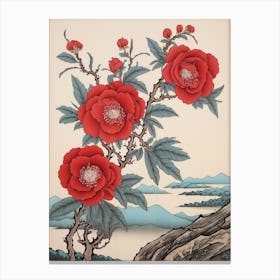 Higanatsu Red Camellia3 Vintage Japanese Botanical Canvas Print