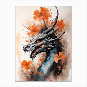 Japanese Dragon Abstract Flowers Painting (9) Canvas Print