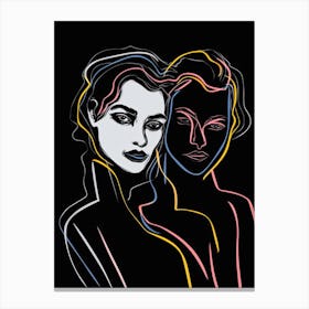 Women In Black And White Line Art Neon 1 Canvas Print