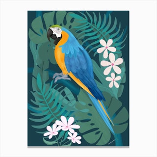 Blue And Gold Macaw Parrot With Tropical Leaves Canvas Print