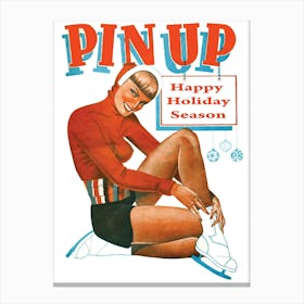 Happy Holiday Season With Pinup Ice Skating Girl with Beautiful Legs Canvas Print