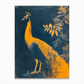 Orange & Blue Cyanotype Inspired Peacock With Tropical Leaves 3 Canvas Print