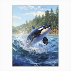 Realistic Orca Whale Illustration Splashing Through Waves Canvas Print