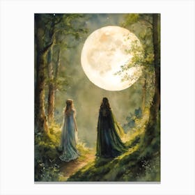 Maiden and Mother - Witchy Art Print Pagan Fairytale Wicca Witch Forest Full Moon Canvas Print