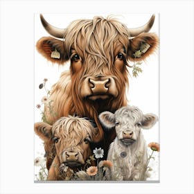 Highland Cow & Calves Simple Line Illustration 2 Canvas Print