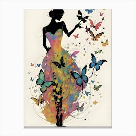 The men's silhouette is slender and minimalist, with soft and elegant lines. Her dress is made up of multicolored butterflies that seem to dance around her, creating an ethereal and delicate effect. The butterflies vary in size and hue, adding a touch of dynamism and joy to the image. The woman appears to be in harmony with nature, symbolized by the butterflies that adorn her dress. 1 Canvas Print