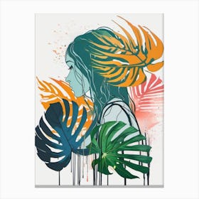 Tropical Girl With Leaves with Women Silhouette Canvas Print