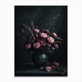 Pink Roses In A Vase On A Black Background Canvas Print