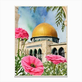 Dome Of The Rock and flowr watercolor Canvas Print