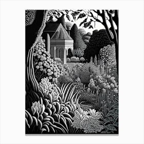 Giverny Gardens, 1, France Linocut Black And White Vintage Canvas Print