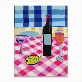 Painting Of A Table With Food And Wine, French Riviera View, Checkered Cloth, Matisse Style 2 Canvas Print