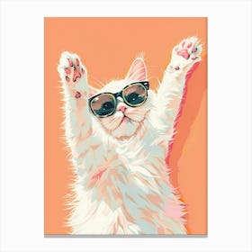 White Cat In Sunglasses Stretching, Preppy Aesthetic, Funny Canvas Print